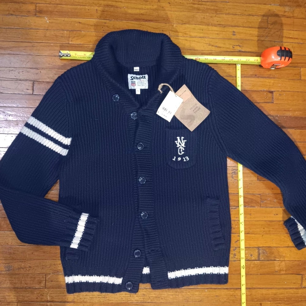 Scott Dark Blue Wool Knit Letter Men Cardigan with White Embroidery
